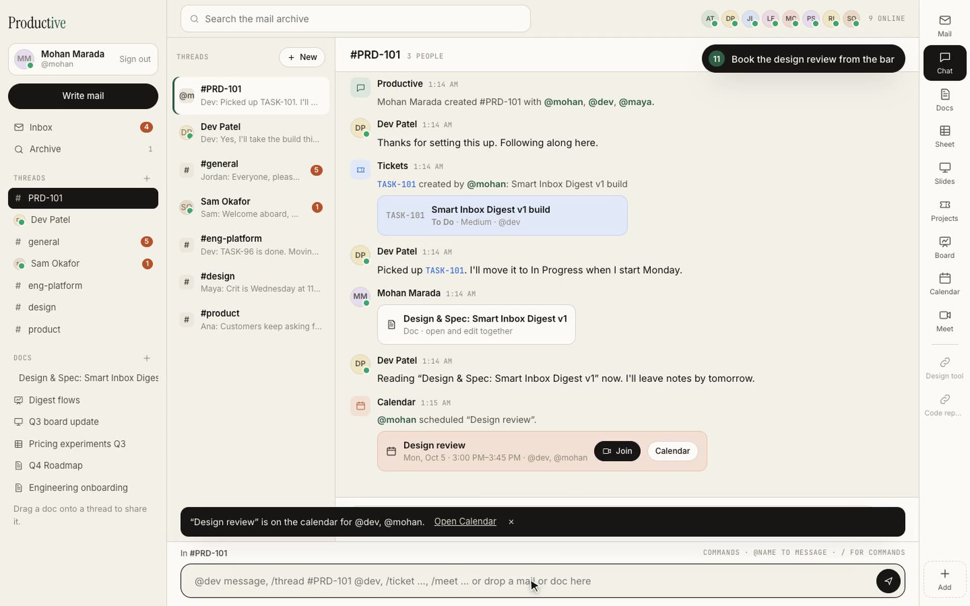 Productive: a team thread with a ticket and a meeting